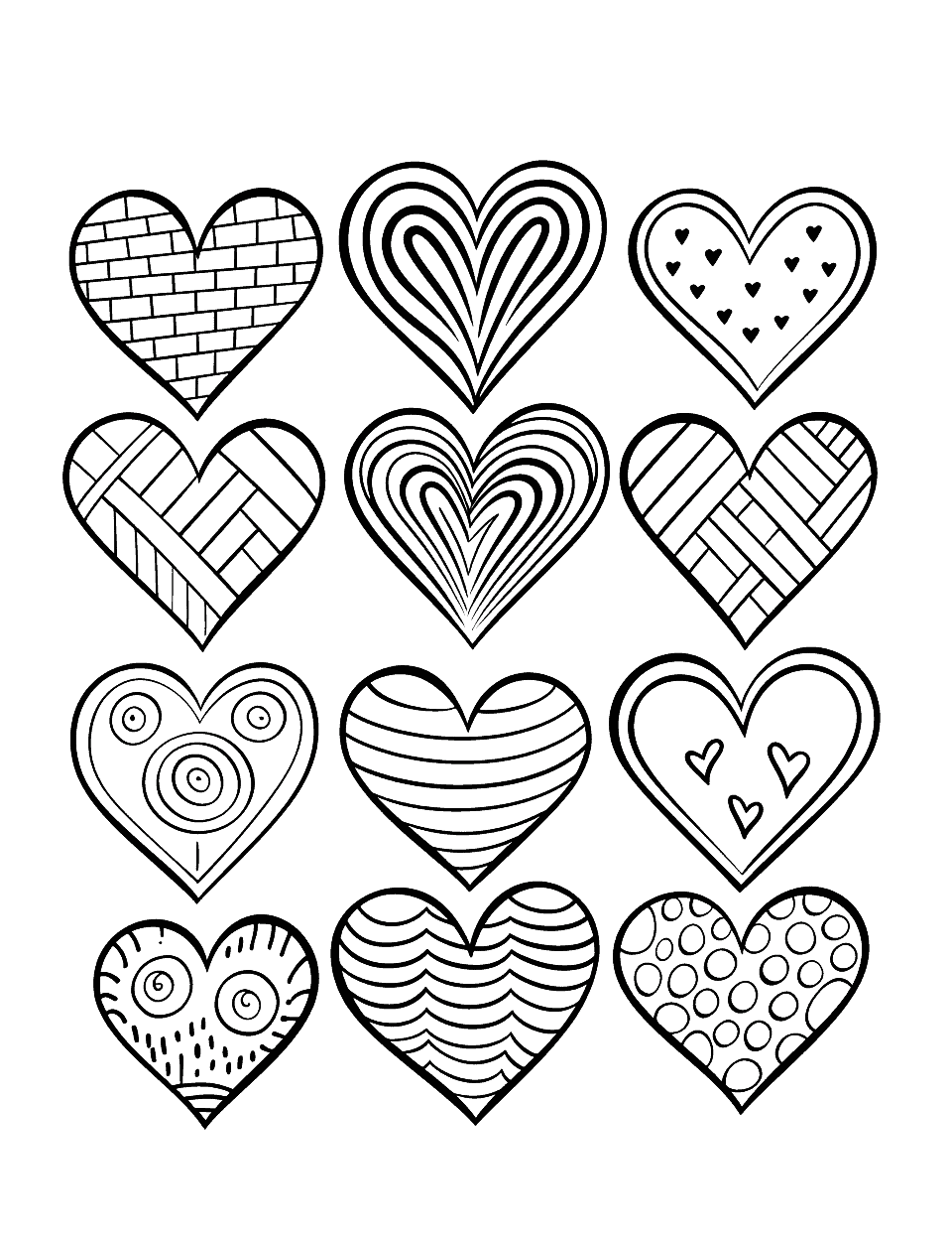 Easy Heart Drawings Coloring Page - Simple and easy heart designs that a young child can easily color.