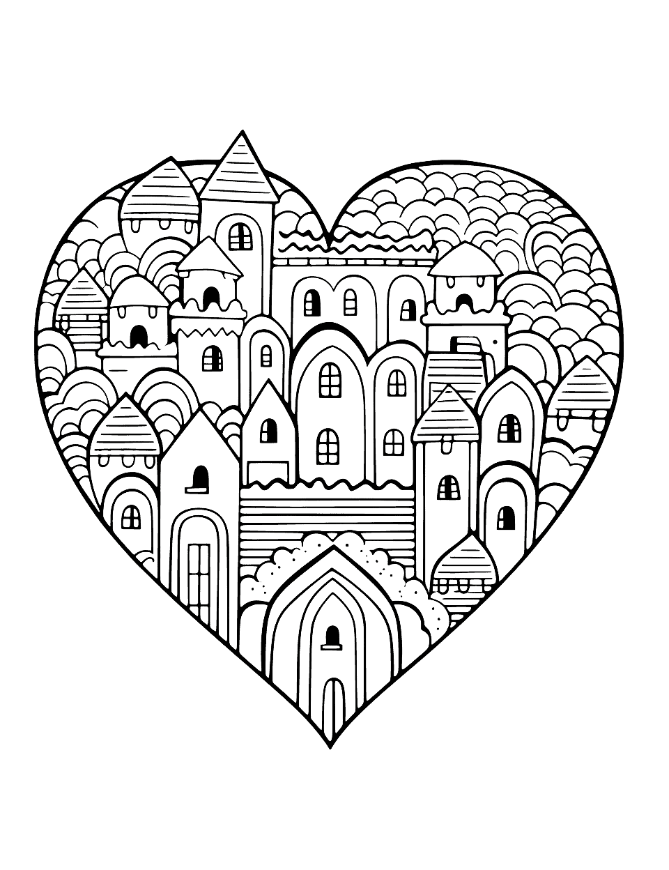 Heart Castle Coloring Page - A castle built within a heart shape.