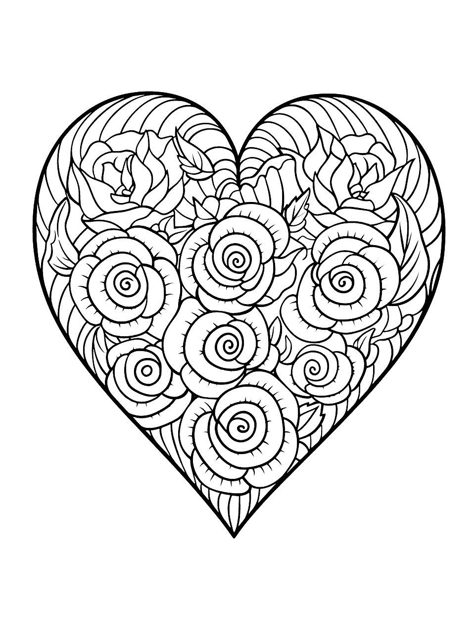 Rose Heart Tattoo Coloring Page - A traditional tattoo-style heart surrounded by roses.