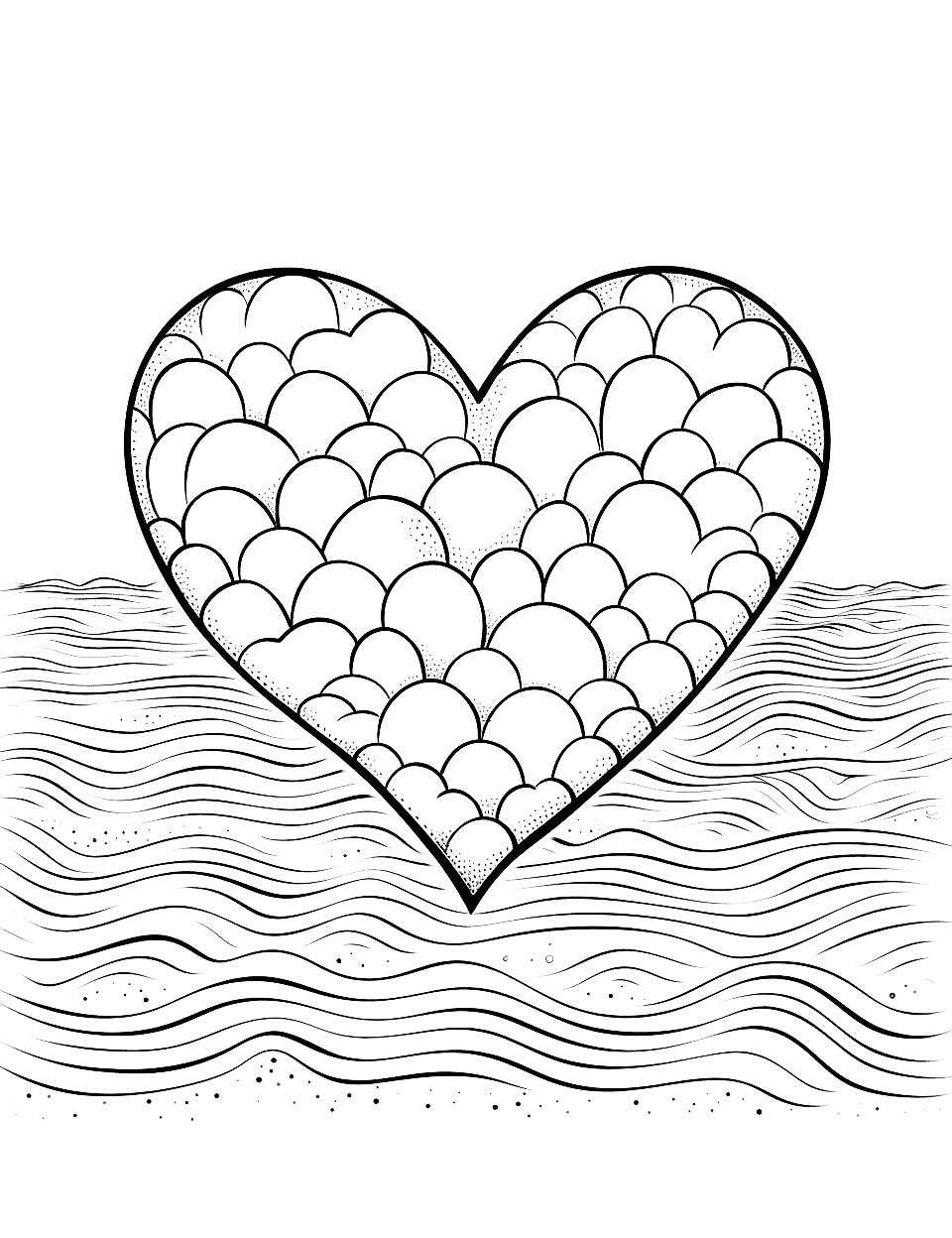 Hearts on the Beach Coloring Page - Hearts drawn on a sandy beach by the waves.