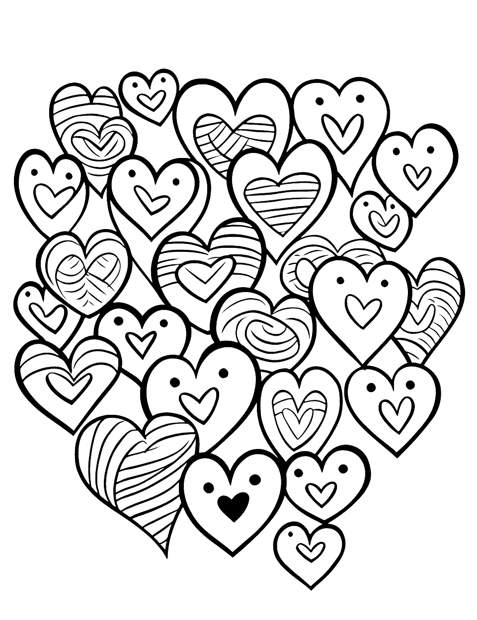 Happy Faces in Hearts Heart Coloring Page - A page filled with hearts that have happy faces inside them.
