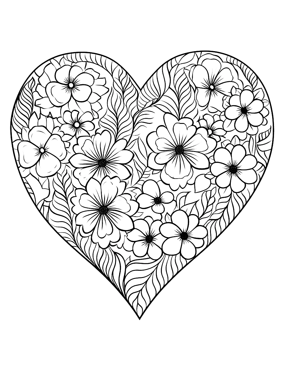 Floral Heart Wreath Coloring Page - A heart-shaped wreath made up of different types of flowers for coloring.