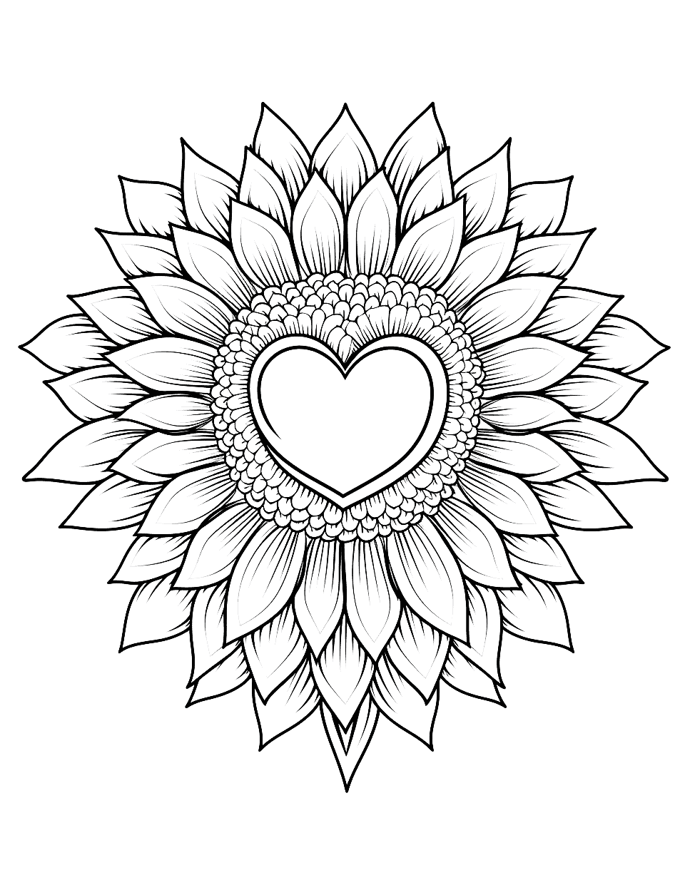 Heart Sunflower Coloring Page - A sunflower with a heart-shaped center.