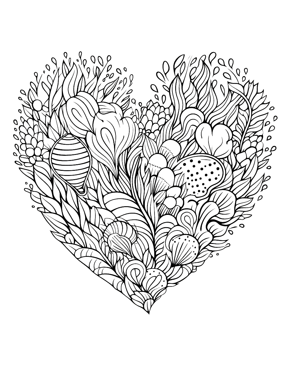 Underwater Heart Coloring Page - A heart-shaped coral in a lively underwater scene.