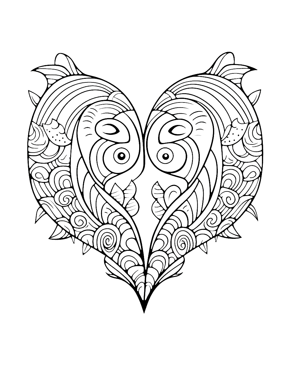 Fish Love Heart Coloring Page - Two fish form a heart with their tails.