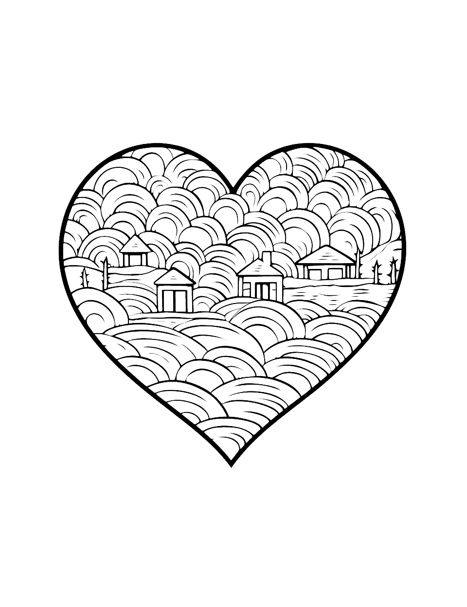 Heart-Shaped Island Heart Coloring Page - An island shaped like a heart in the middle of a clear blue sea.