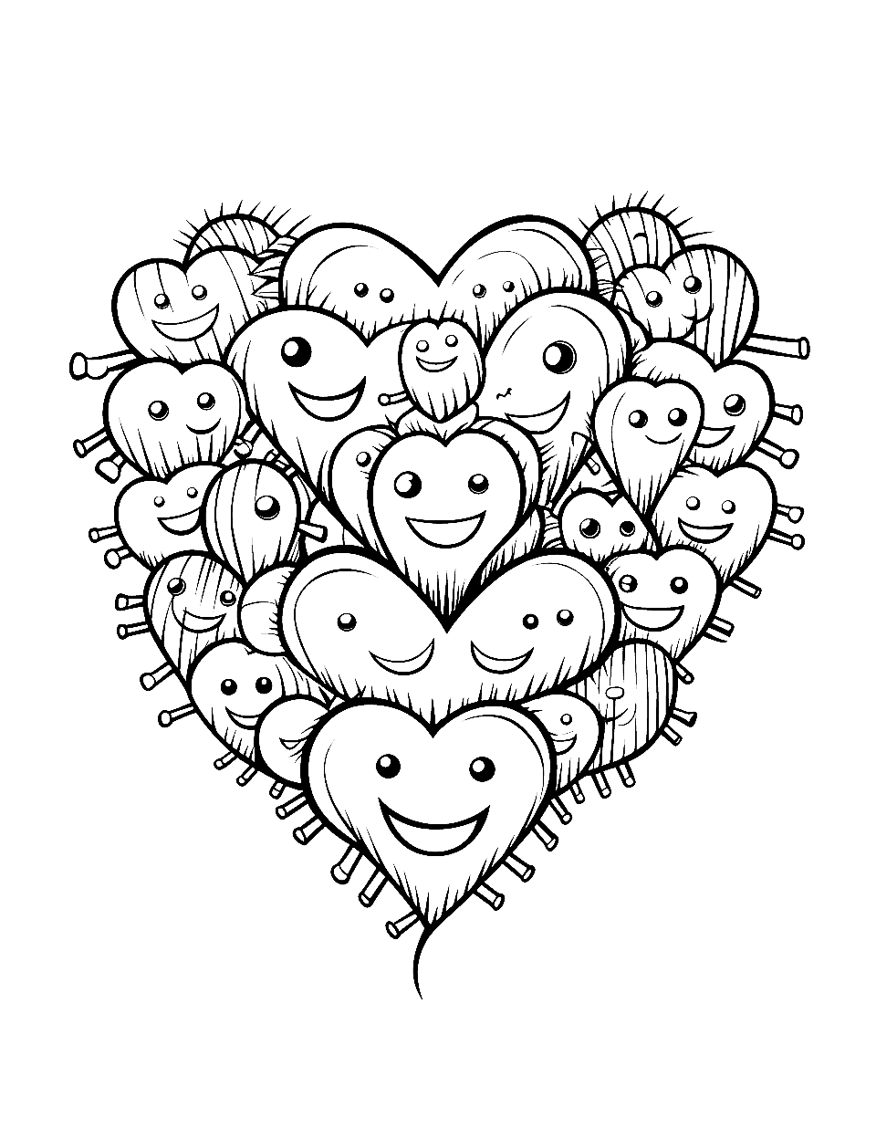 Heart Monster Coloring Page - Cute little monsters in a heart shape.