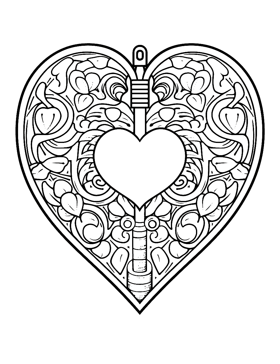 Heart Lock and Key Coloring Page - A heart-shaped lock with a fancy key.
