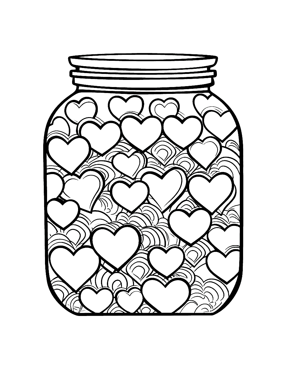 Hearts in a Jar Coloring Page - A jar filled with small hearts of different sizes.