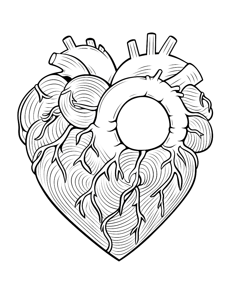 Detailed Realistic Heart Coloring Page - A detailed depiction of the human heart with vessels and veins.