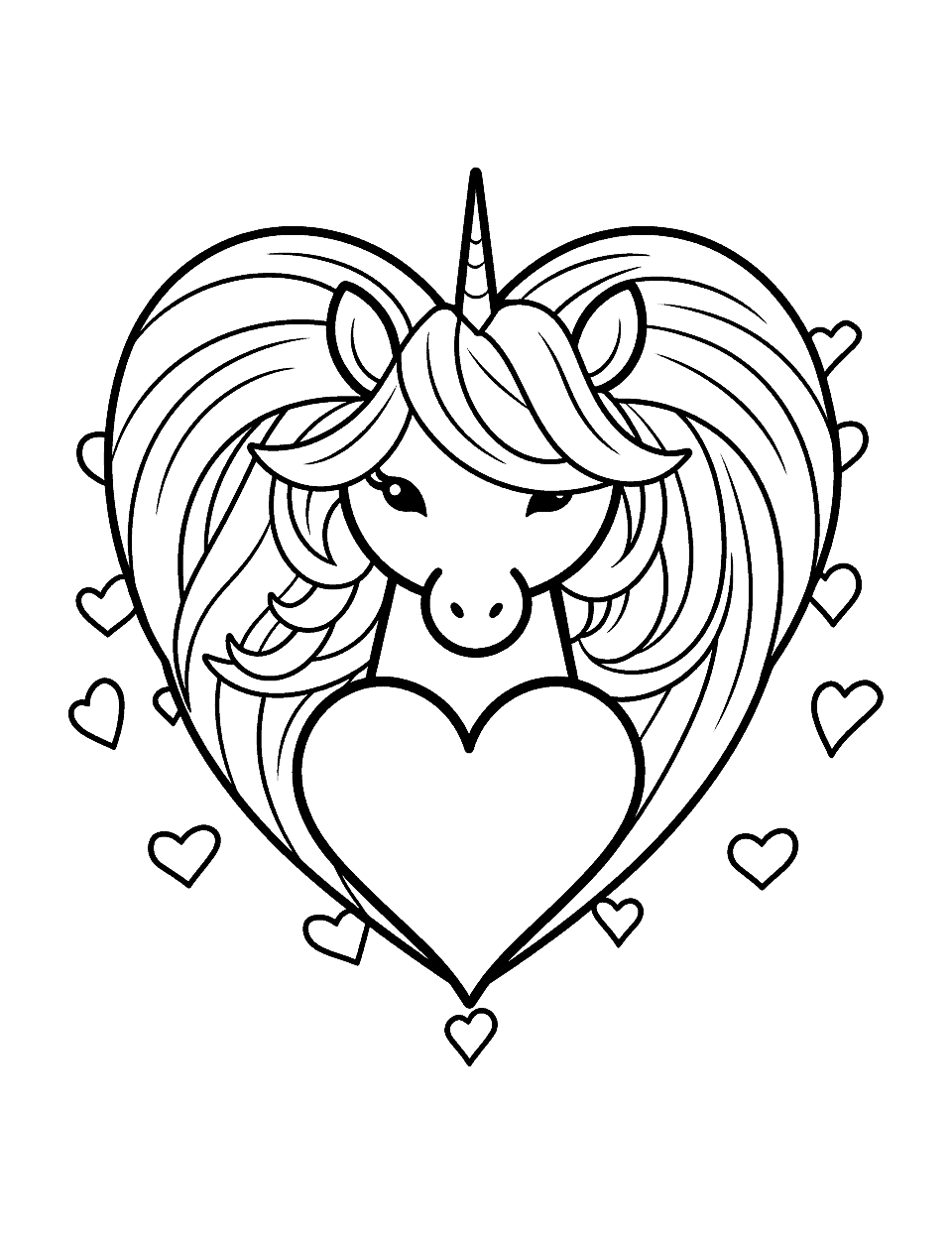 Unicorn with Heart Coloring Page - A cute unicorn holding a heart in its hooves, perfect for kids who love mystical creatures.