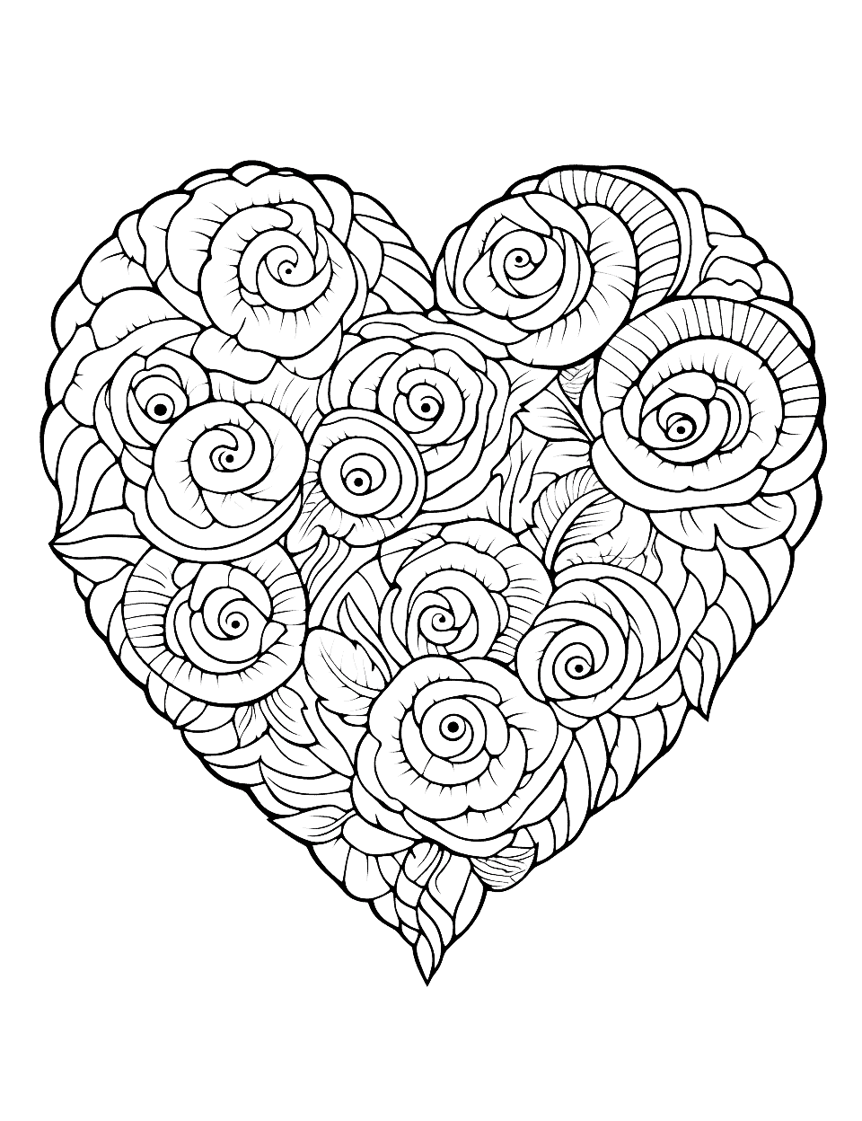 Rose Heart Garden Coloring Page - A heart-shaped garden filled with roses of different species.