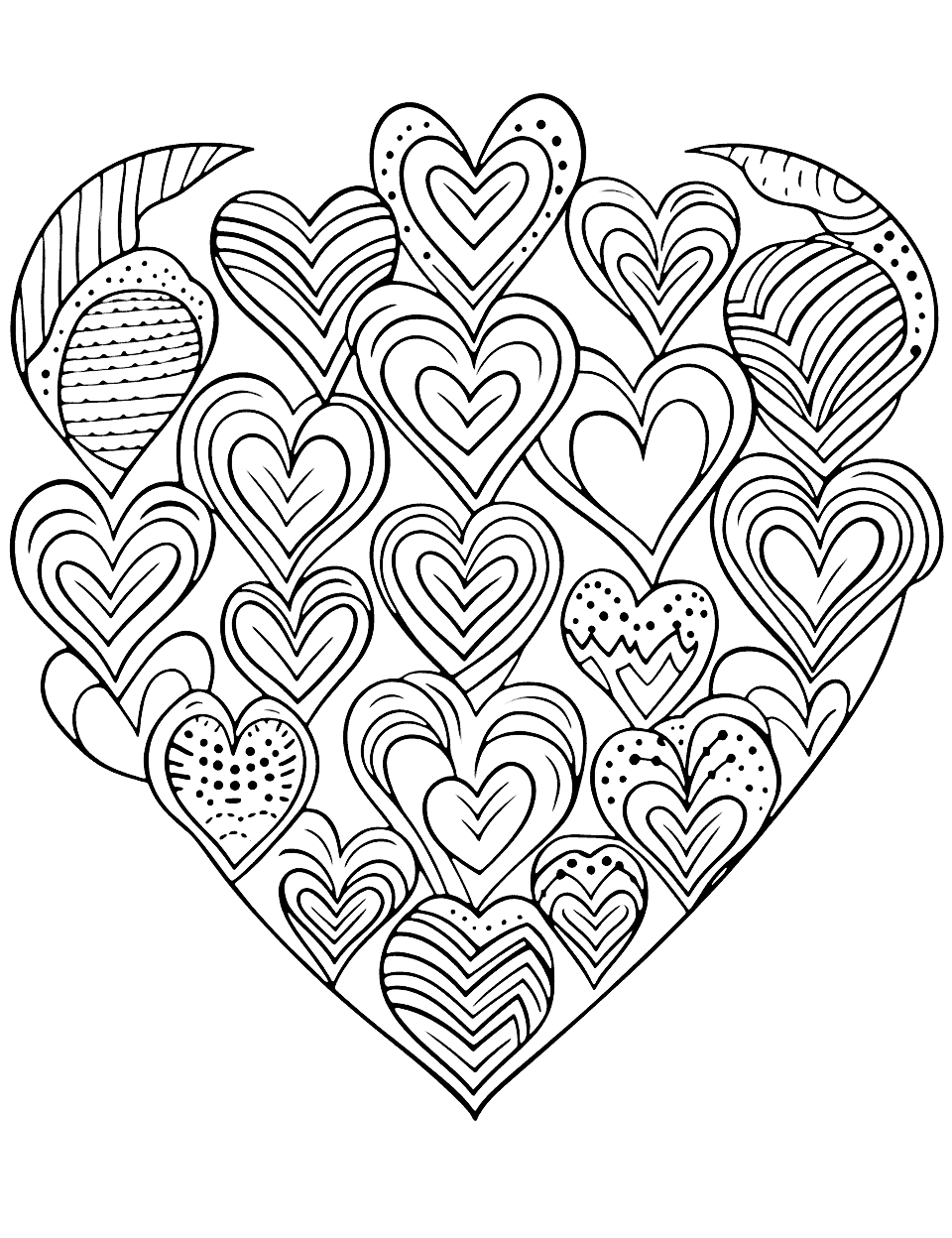 Heart Doodles Coloring Page - A page full of heart doodles of various sizes and styles.