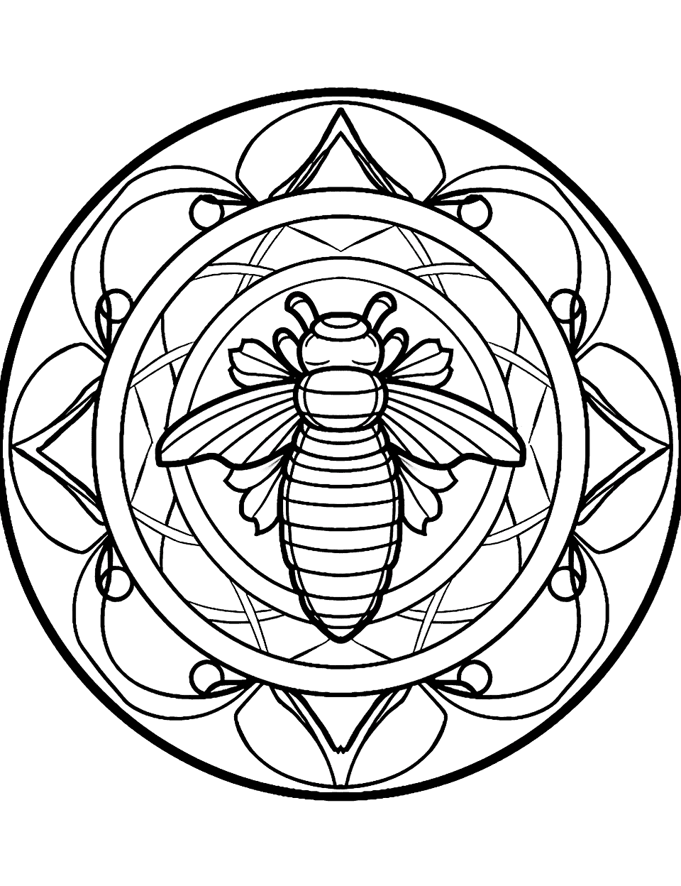 Easy Bumblebee Mandala Coloring Page - An approachable mandala design with a cute bumblebee at the center, surrounded by circular patterns of honeycombs and flowers.