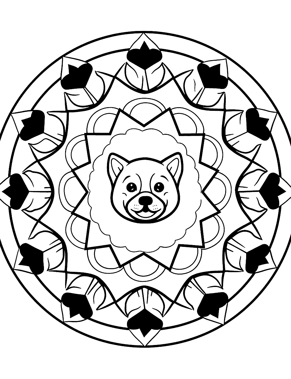 Dog Lover's Mandala Coloring Page - A mandala featuring a dog face surrounded by paw print shapes.