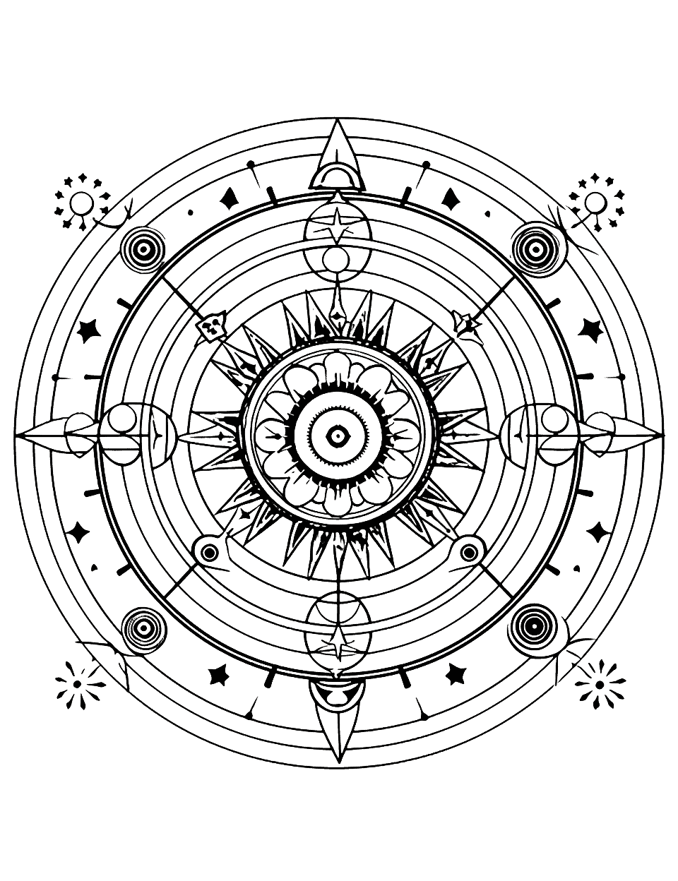 Complicated Cosmos Mandala Coloring Page - An intricate mandala design representing the cosmos, with celestial bodies and zodiac signs.