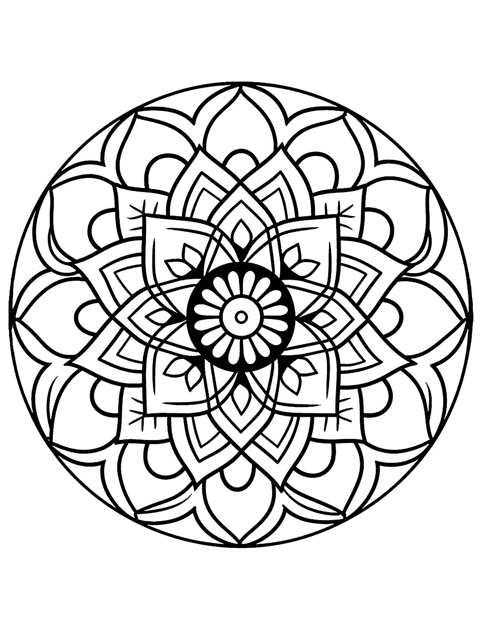 Mandala Art Adventure Coloring Page - An advanced mandala filled with various flower petal shapes radiating outwards.