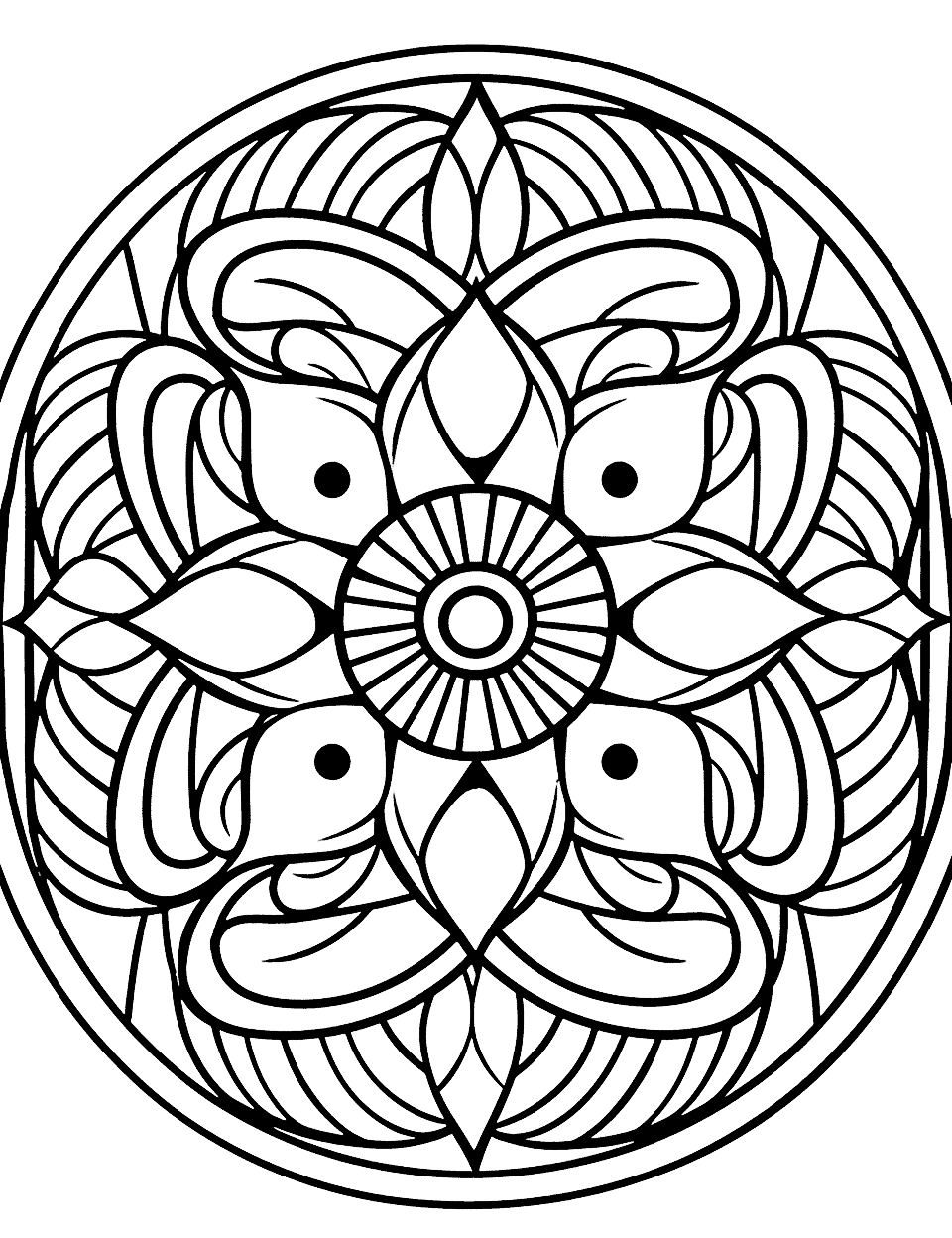 Floral Lotus Mandala Coloring Page - A mandala focusing on the beautiful and spiritual lotus flower, surrounded by calming water patterns.