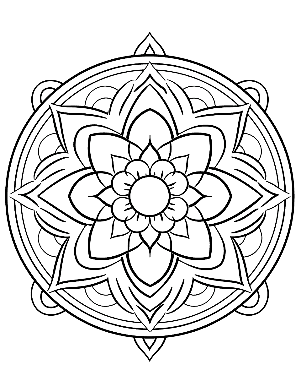 Stress Relief Sunflower Mandala Coloring Page - An easy, relaxing mandala centered around a sunflower, designed to relieve stress.