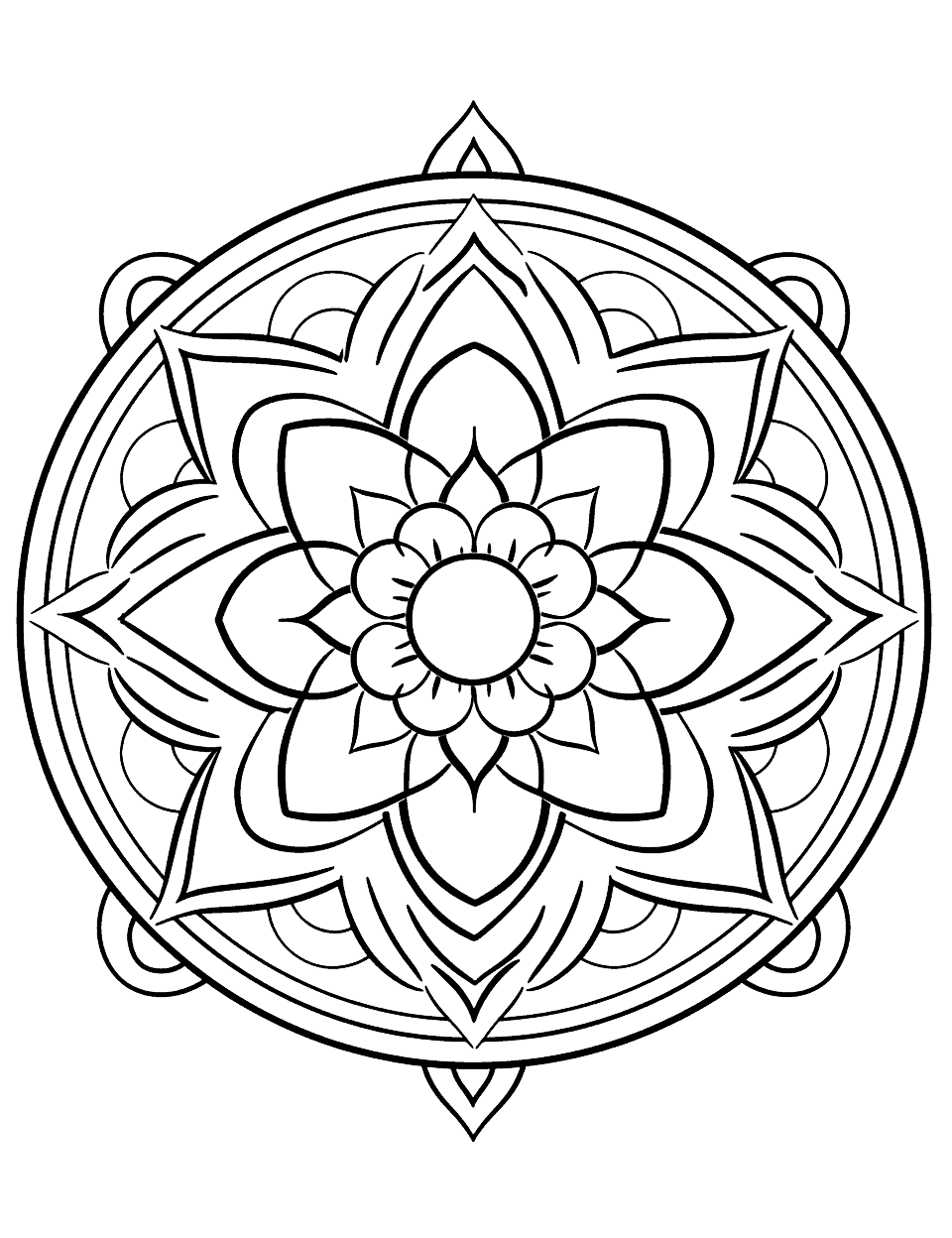 Stress Relief Sunflower Mandala Coloring Page - An easy, relaxing mandala centered around a sunflower, designed to provide stress relief.