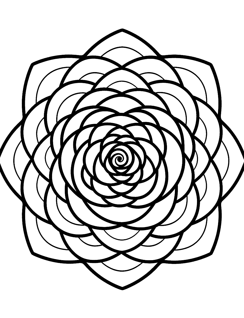 Rainbow Rose Mandala Coloring Page - A unique mandala design with roses in all colors of the rainbow, providing a fun and vibrant coloring experience.