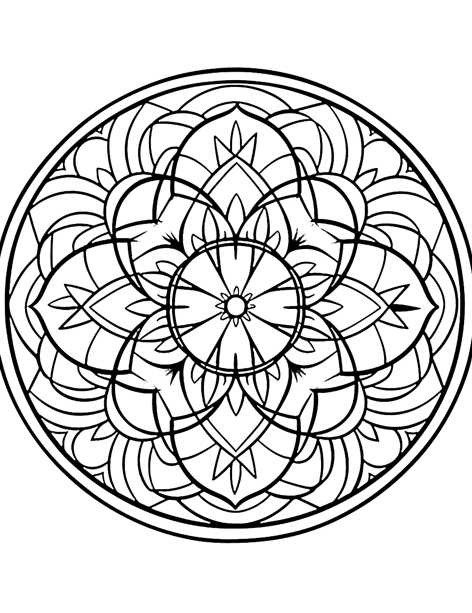 Geometric Jungle Mandala Coloring Page - An advanced, detailed mandala design filled with geometric shapes.