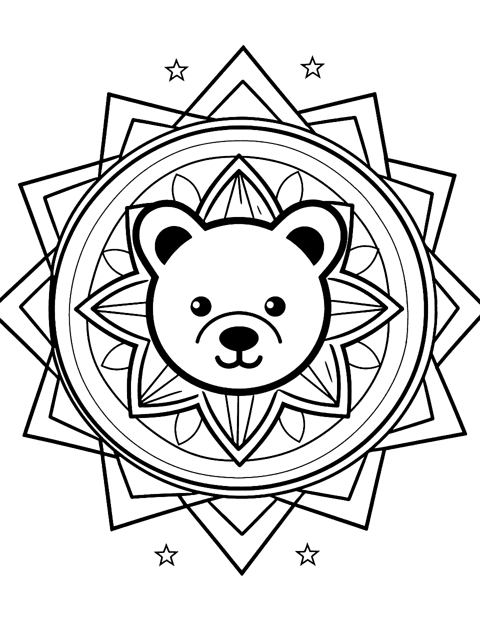 Cuddly Teddy Mandala Coloring Page - A cute and easy mandala with a teddy bear at the center, surrounded by stars.