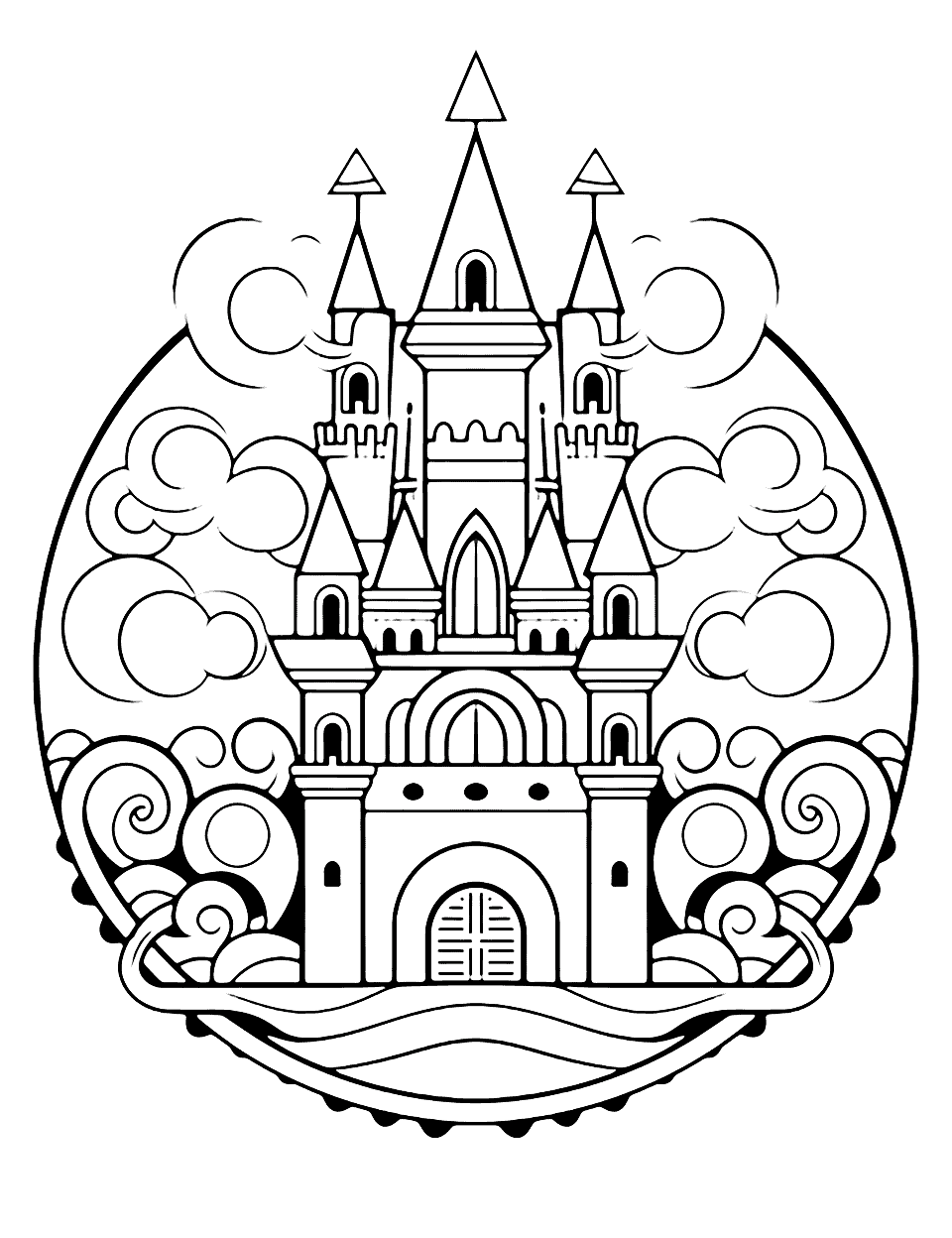 Fairy Tale Castle Mandala Coloring Page - A mandala with a fairy tale castle at the center, surrounded by clouds and wind.