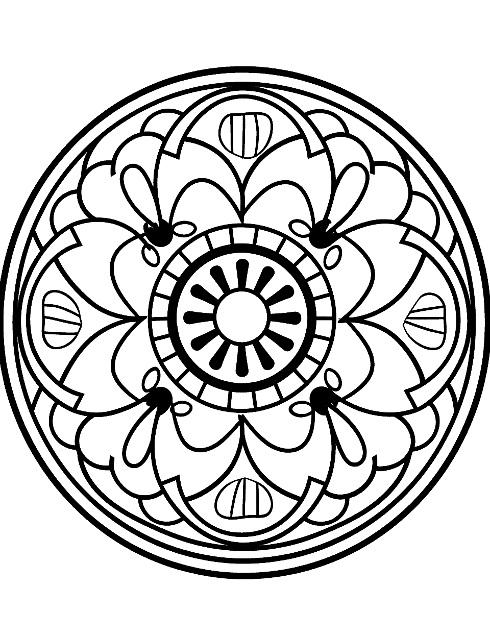 Lively Ladybug Mandala Coloring Page - A cute mandala with a ladybug at its center, surrounded by leafy patterns and daisies, perfect for young kids.