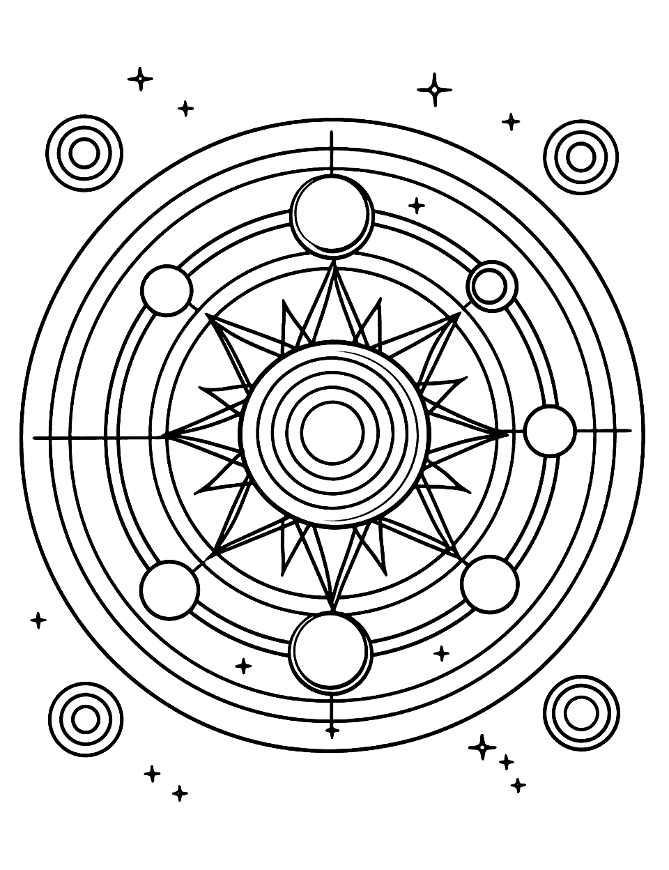 Solar System Mandala Coloring Page - A cool and educational mandala featuring planets, stars, and comets, great for kids interested in space.
