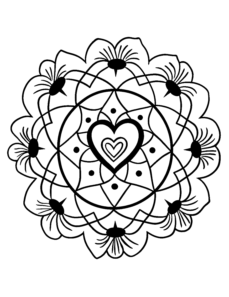 Mandala of Kindness Coloring Page - An abstract mandala featuring heart shapes and handprints teaching children about kindness and empathy.