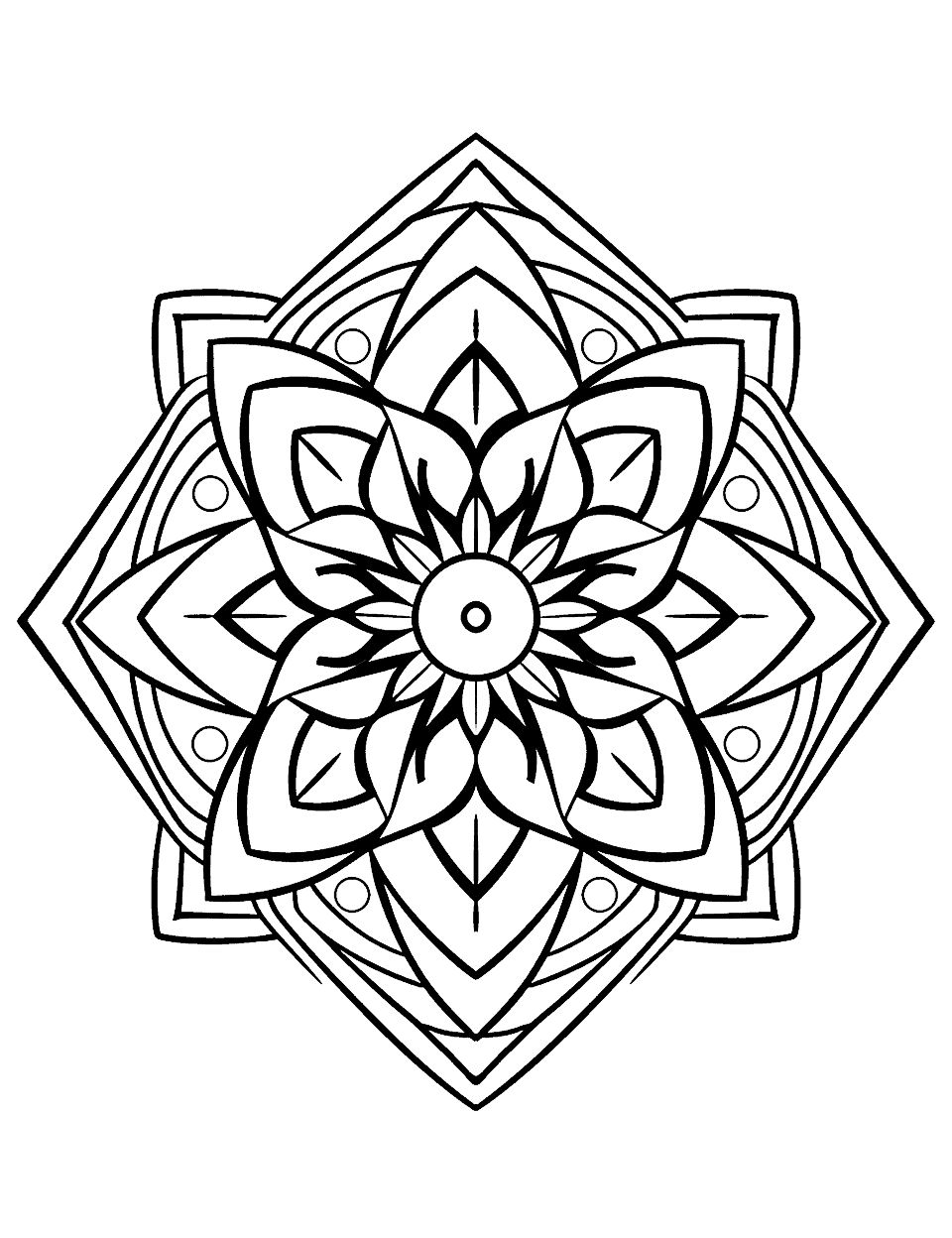Snowflake Wonders Mandala Coloring Page - A beautiful, detailed mandala inspired by the intricate designs of snowflakes, perfect for winter-themed coloring.