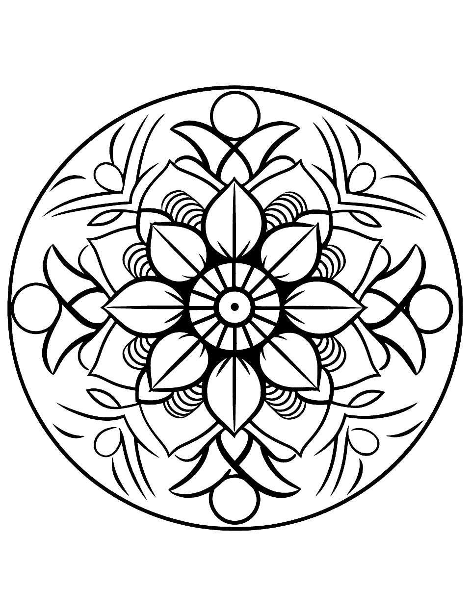Blossoming Tree Mandala Coloring Page - A mandala featuring a large, blossoming tree at its center, surrounded by garden elements and other plants.
