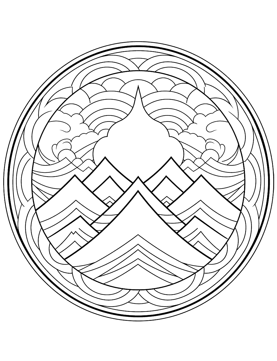 Mountaintop Mandala Coloring Page - A detailed mandala featuring a high mountain peak surrounded by cloud patterns and rainbows.