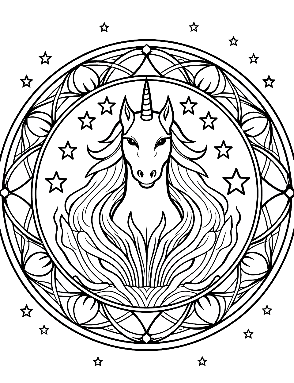 Enchanted Unicorn Mandala Coloring Page - A detailed and magical mandala featuring a unicorn in a mystical forest surrounded by stars and moons.