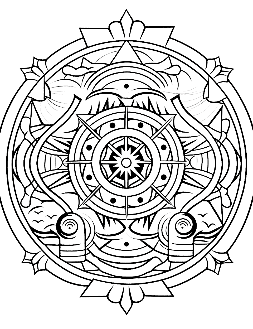 Pirate Adventure Mandala Coloring Page - A cool mandala featuring a pirate ship, treasure chests, and mysterious islands.