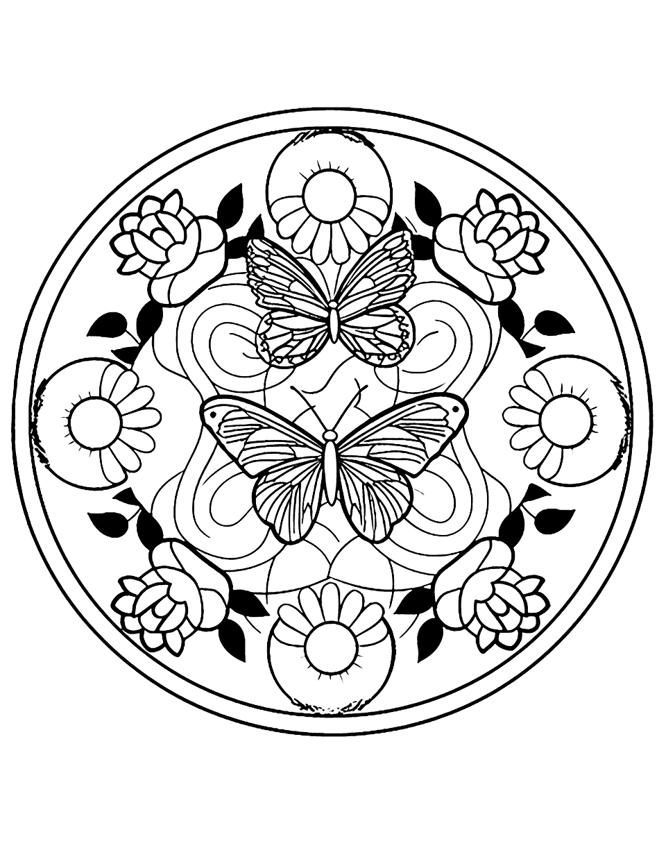 Butterfly Breeze Mandala Coloring Page - A beautiful mandala with butterflies fluttering around a flower garden.