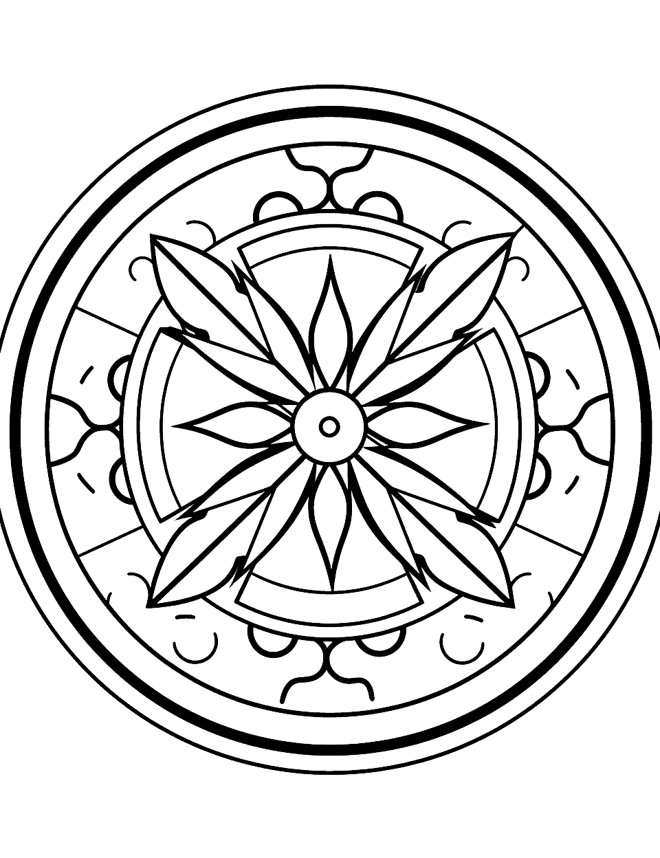 Whimsical Windmill Mandala Coloring Page - A mandala featuring a windmill surrounded by wheat fields and country elements, great for teaching kids about farming.