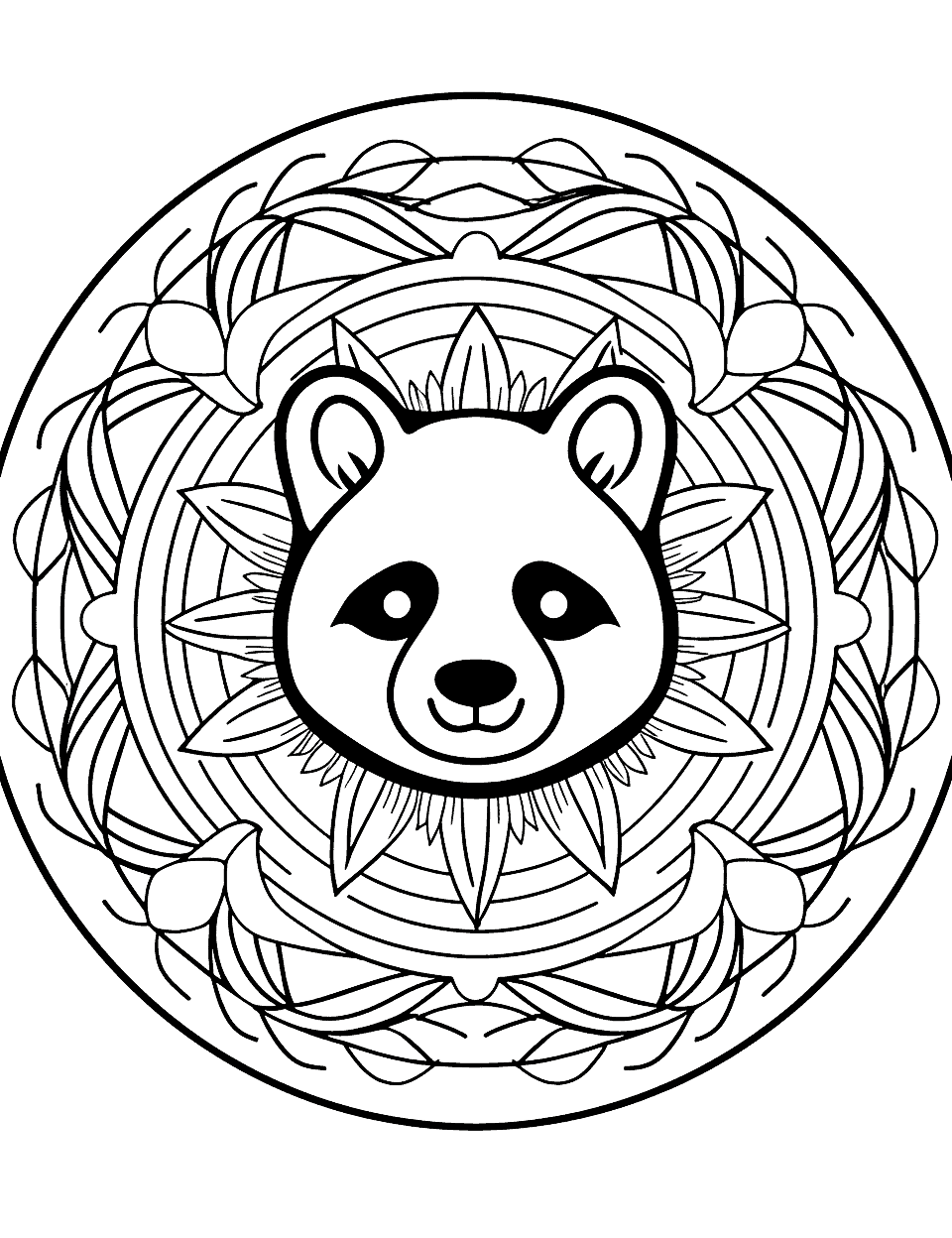 Peaceful Panda Mandala Coloring Page - A cute mandala with a panda munching bamboo at the center, surrounded by leafy patterns.