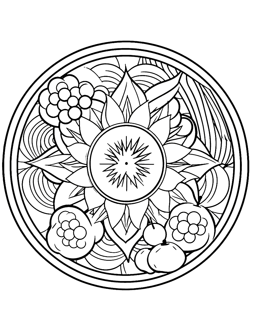 Bountiful Harvest Mandala Coloring Page - A mandala featuring various fruits and vegetables, perfect for teaching children about different types of food and healthy eating.