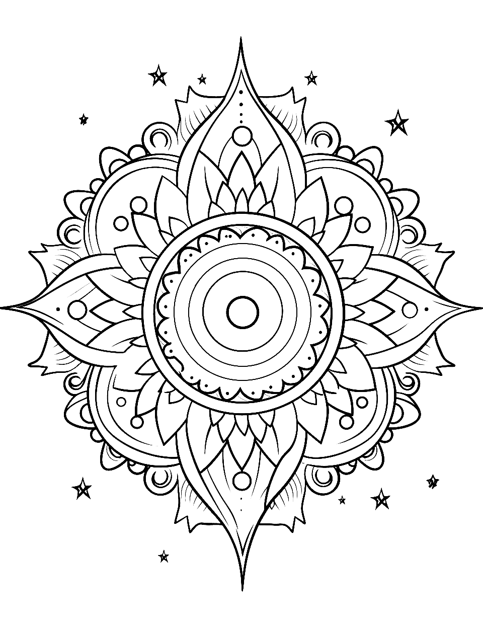 Mystical Moon Mandala Coloring Page - A beautiful, detailed mandala with a large, ornate moon at its center, surrounded by stars.