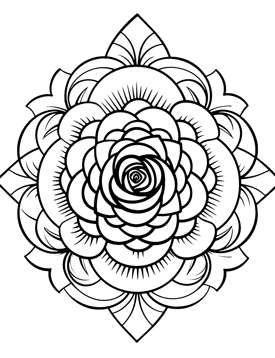 Budding Rose Mandala Coloring Page - A beautiful mandala with roses creates a vivid experience of nature’s beauty.