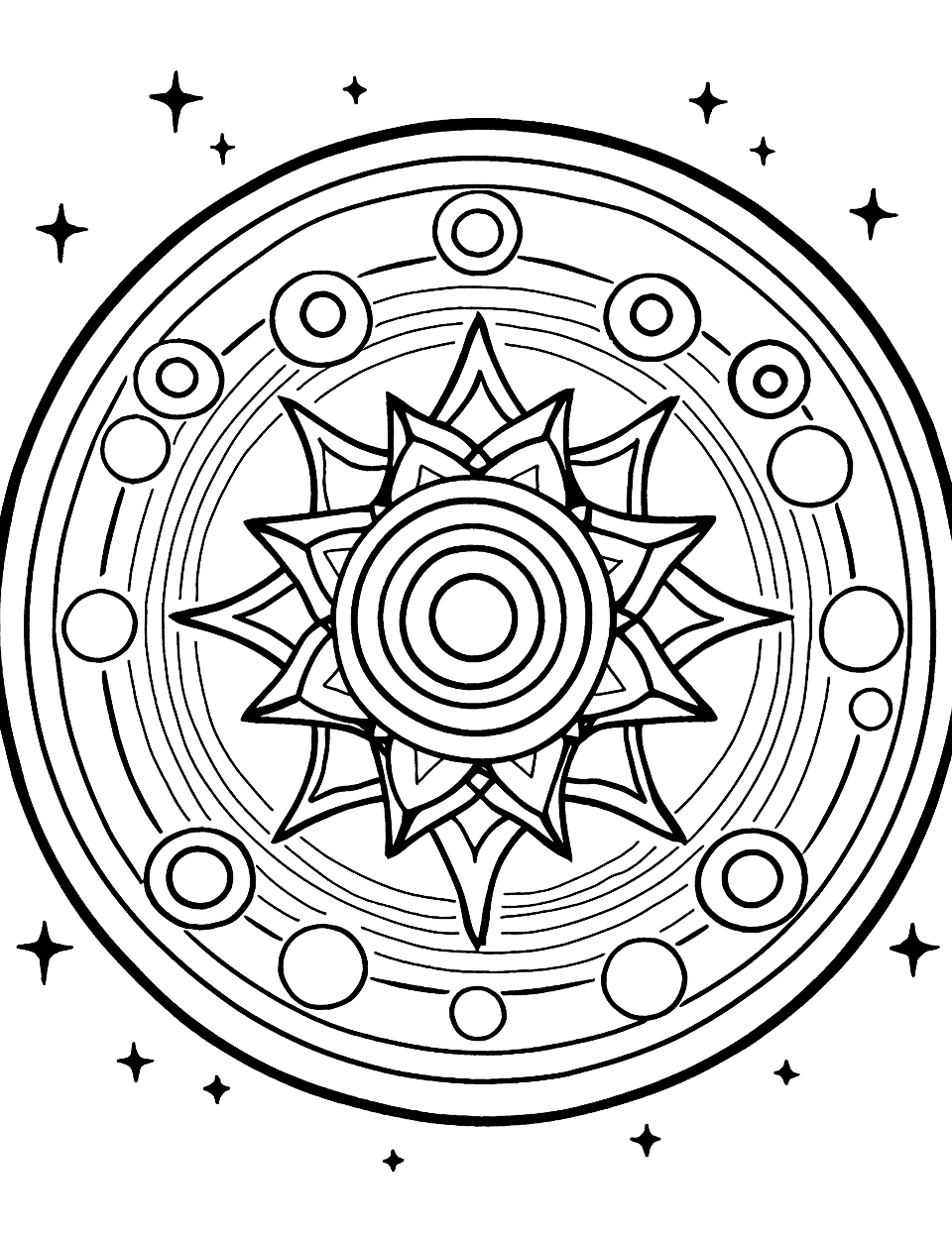 Celestial Comet Mandala Coloring Page - An advanced mandala showing a celestial theme with shooting stars and planets.