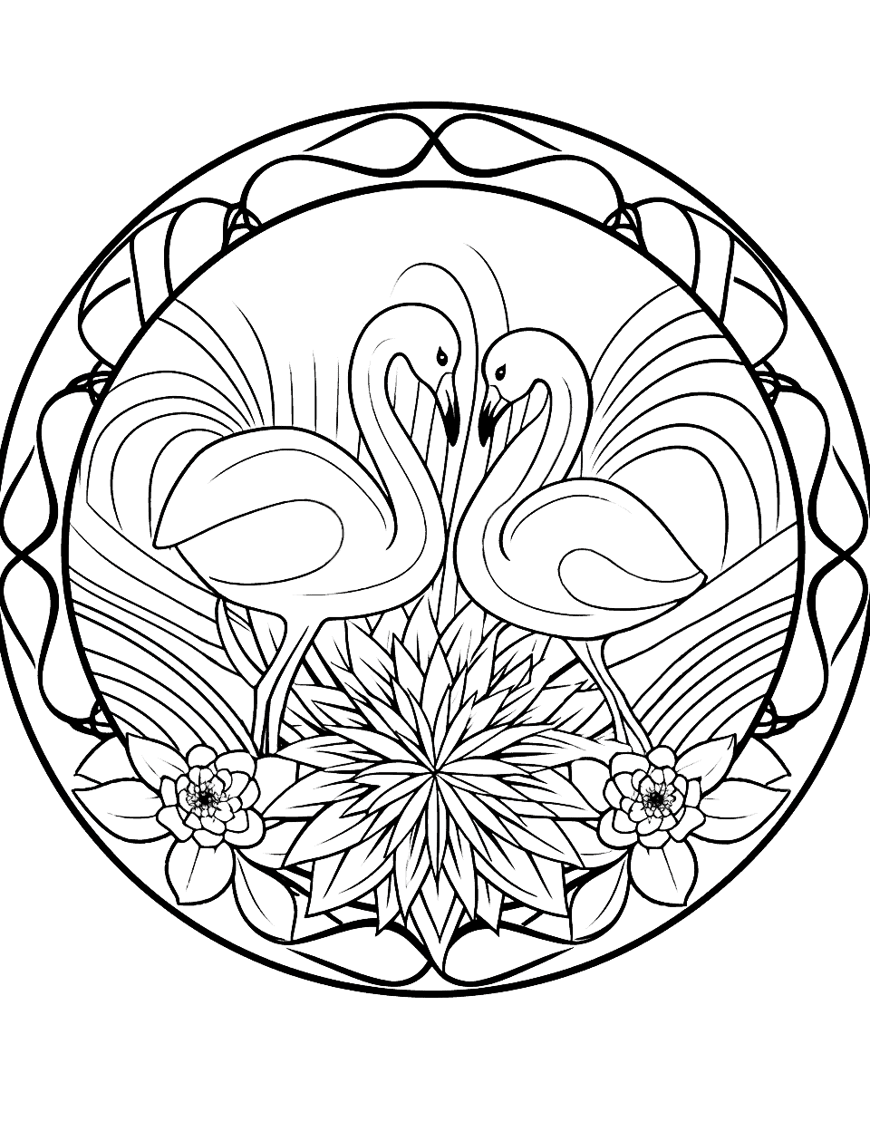 Tropical Flamingo Mandala Coloring Page - A cute mandala featuring flamingos in a tropical setting, great for young children.
