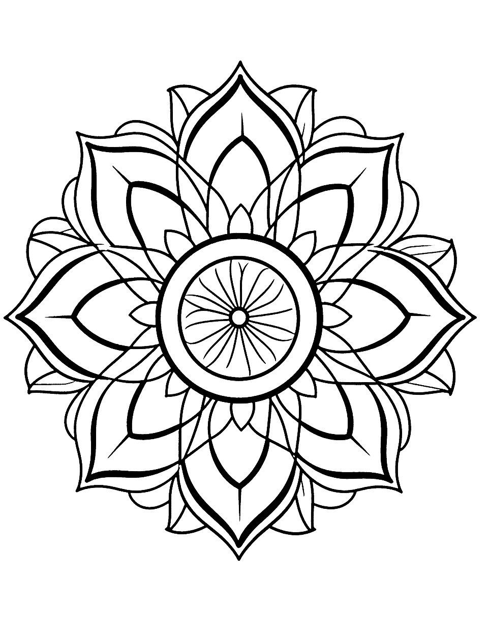 Beaming Sunflower Mandala Coloring Page - An easy and cheerful mandala design, perfect for beginner colorists.