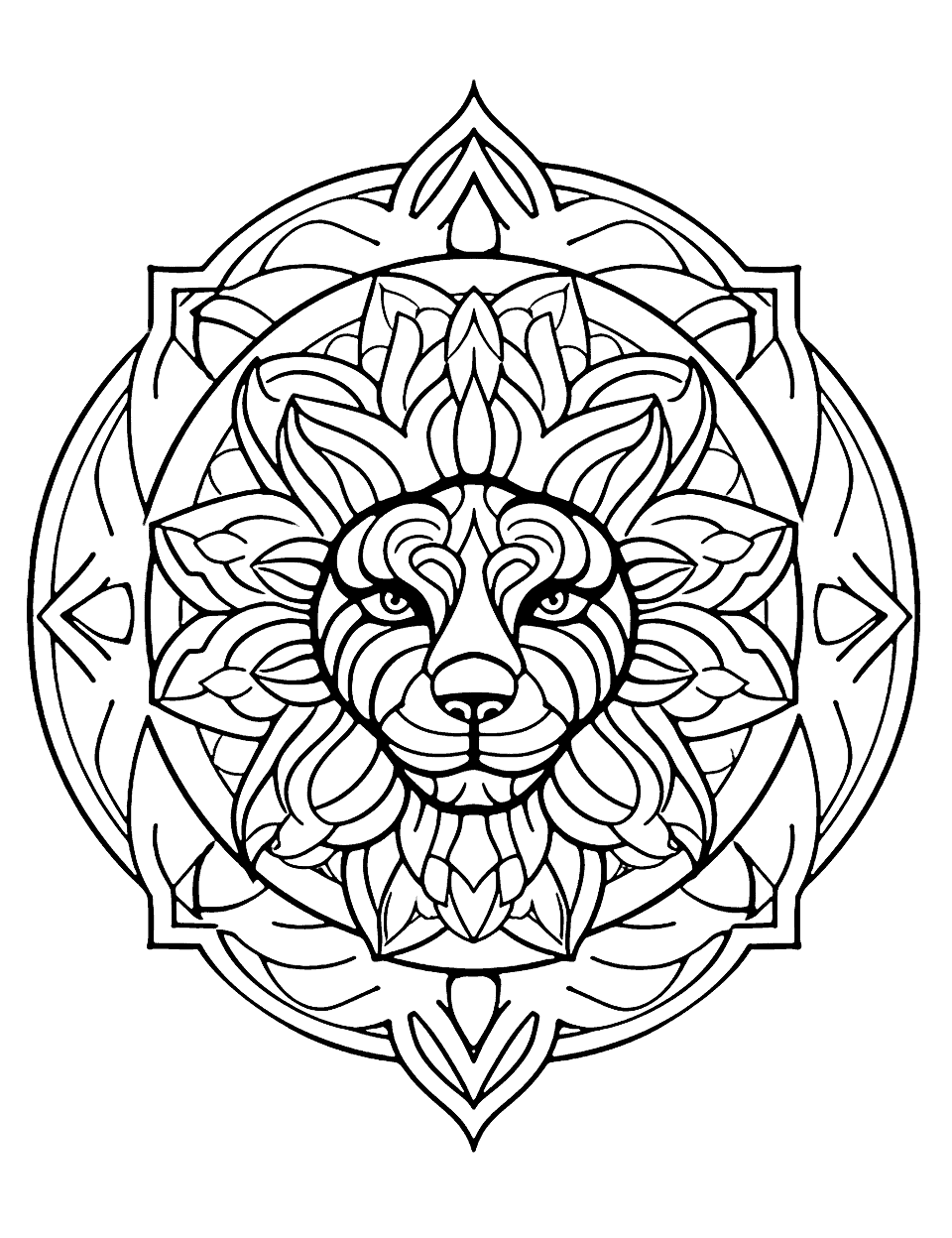 Roaring Lion Mandala Coloring Page - A more complicated design featuring a proud lion surrounded by intricate tribal patterns.