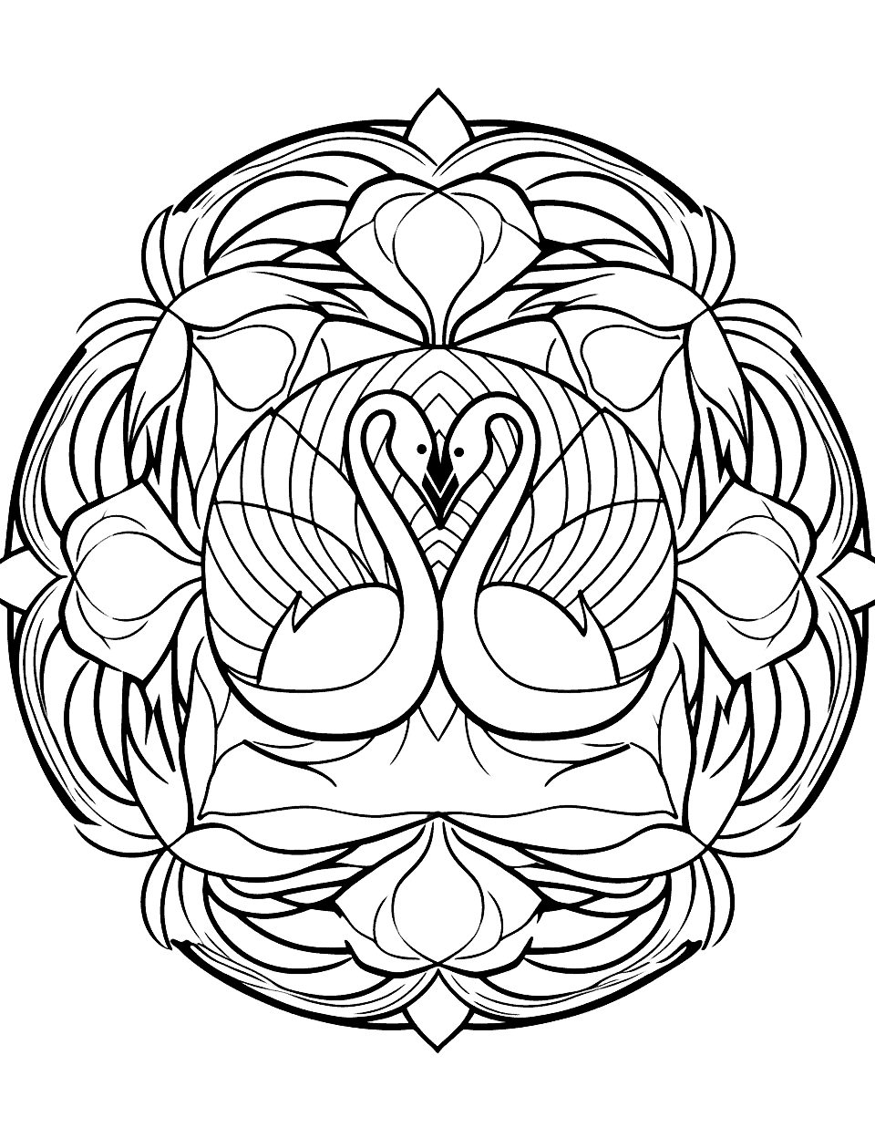 Tranquil Swan Mandala Coloring Page - A detailed mandala featuring graceful swans floating on a peaceful lake.