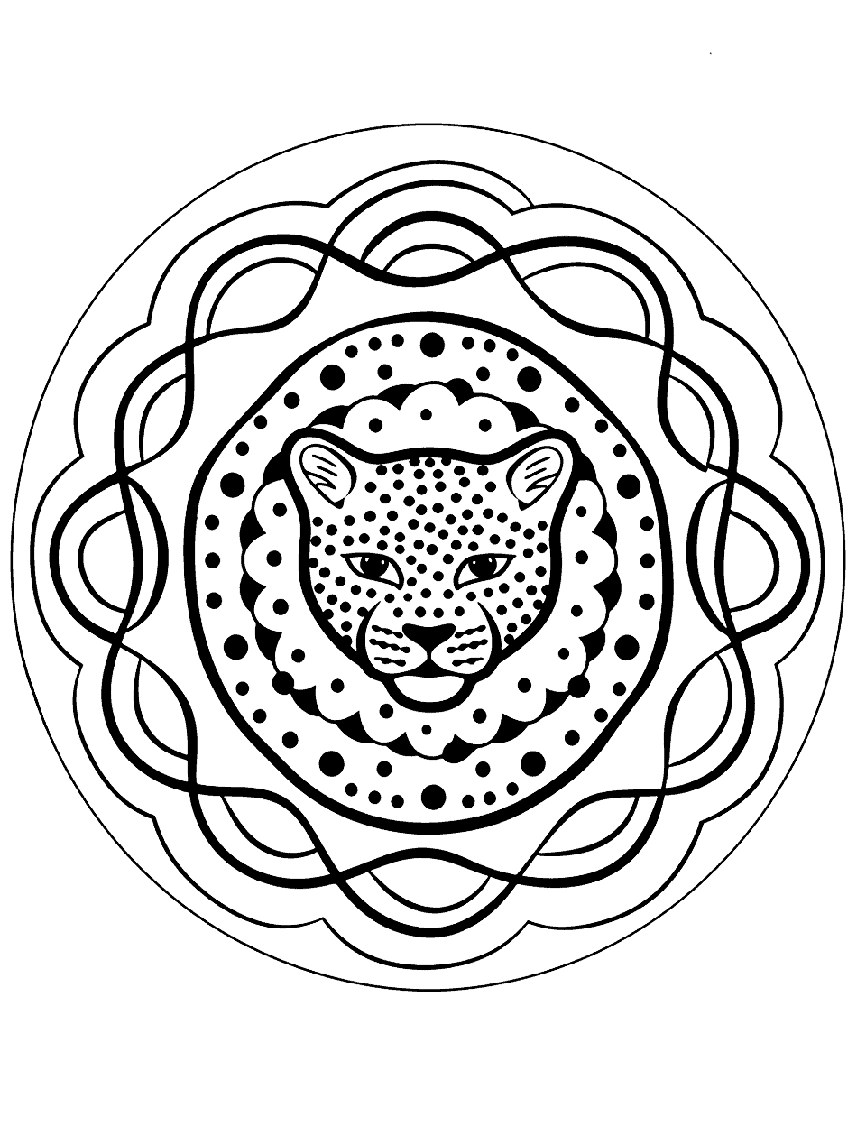Leaping Leopard Mandala Coloring Page - An advanced mandala with a prowling leopard, perfect for those seeking a coloring challenge.