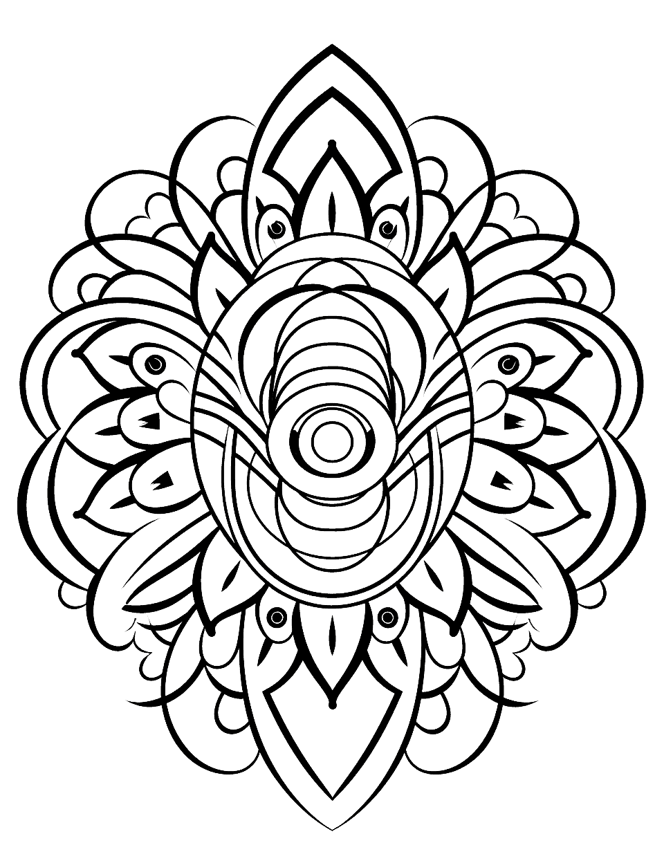 Vibrant Peacock Mandala Coloring Page - A beautiful, intricate mandala with a peacock and its majestic feathers at the center.