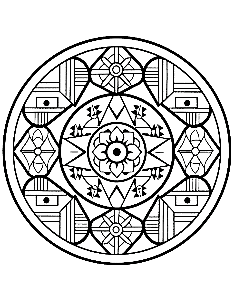 Happy Holidays Mandala Coloring Page - A festive mandala filled with Christmas trees, snowmen, and gifts, perfect for the holiday season.